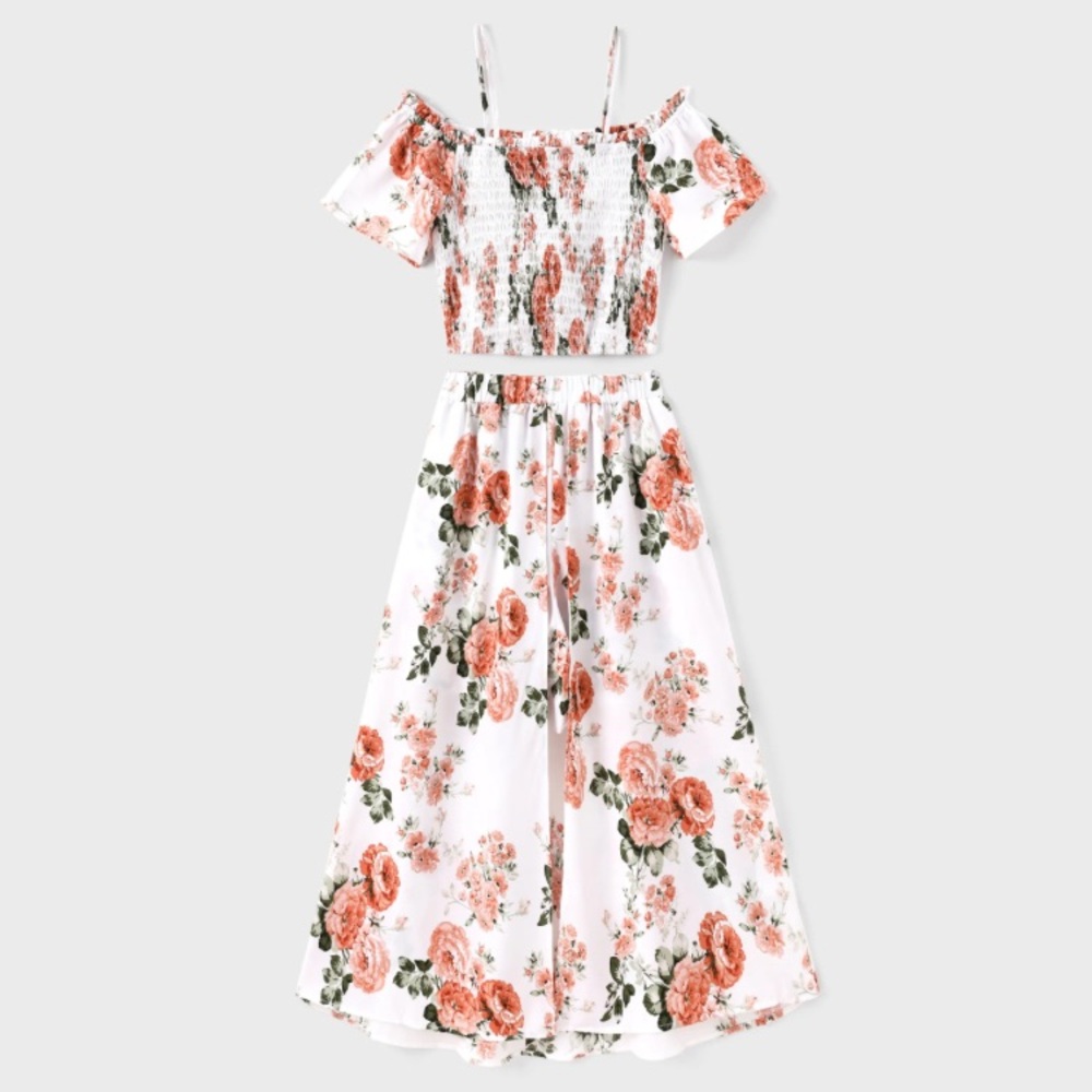 Women Flora Smocking Strap Off Shoulder Top and Shorts Skirt 2 pics Co-ord Set